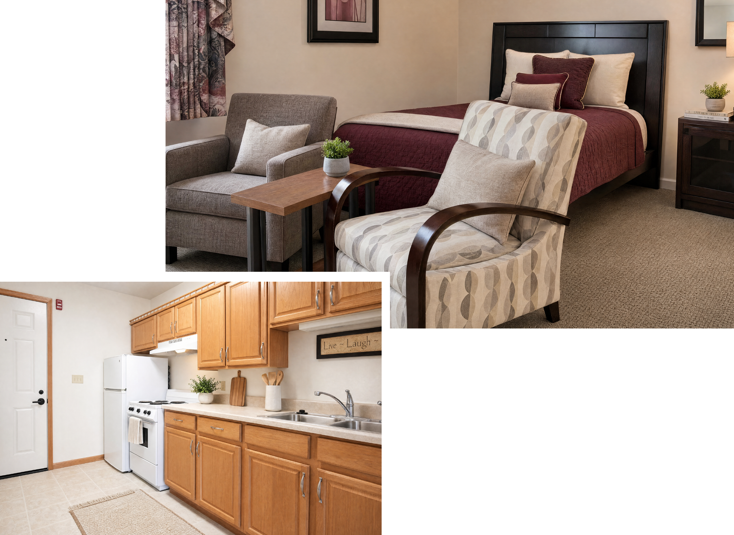 A cozy assisted living room with a bed, armchair, and side table, along with a separate kitchen area featuring wooden cabinets, a stove, and a refrigerator.