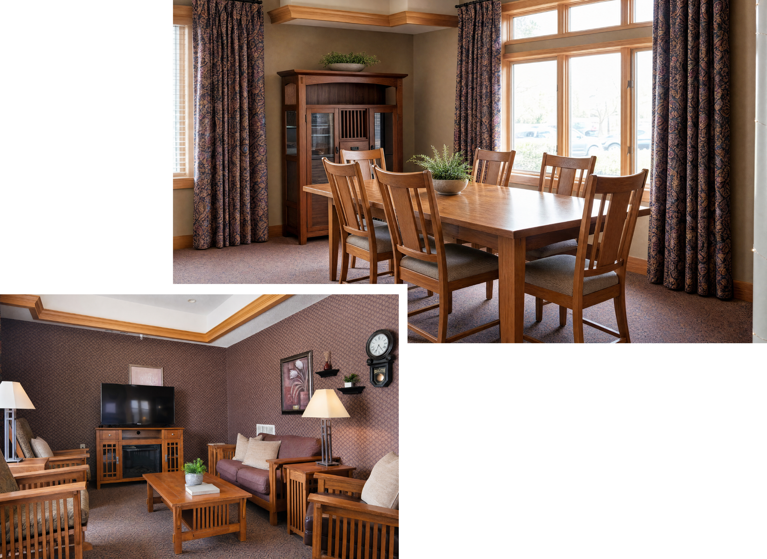 A dining room with a wooden table and six matching chairs, large windows with patterned curtains, and a wooden cabinet in the corner. A cozy living room with a flat-screen TV, wooden furniture, a purple sofa, armchairs, and a wall decorated with framed artwork, a clock, and shelves.