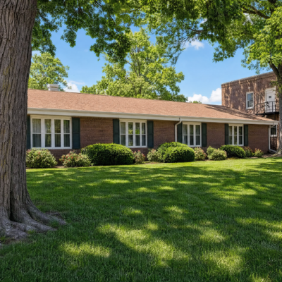 A single-story brick building with multiple white-framed windows, surrounded by a well-maintained lawn and neatly trimmed bushes, with tall green trees and a blue sky in the background.