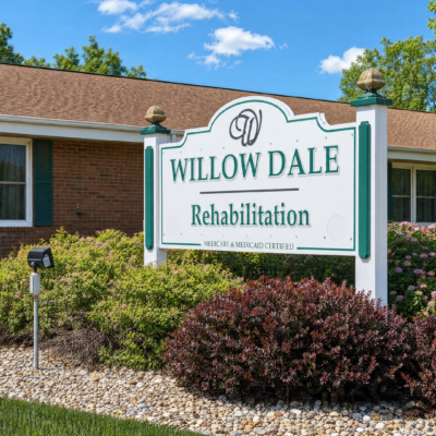 A large white sign with green lettering reads 