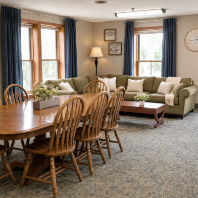 A cozy living room with a large green sectional sofa and white pillows, a wooden dining table with six matching chairs, a floor lamp, framed pictures on the wall, and windows with blue curtains letting in natural light.
