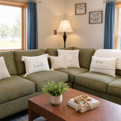 Living room with a green sectional sofa decorated with white and striped pillows, a wooden coffee table with a potted plant and decorative items, two windows with blue curtains, a wall-mounted lamp, and framed wall art.