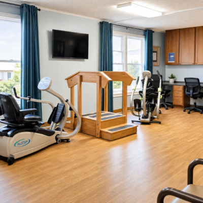A bright room with large windows and blue curtains, featuring exercise equipment including a recumbent bike and an elliptical machine, a wooden raised platform, a desk with a chair, and a flat-screen TV mounted on the wall.