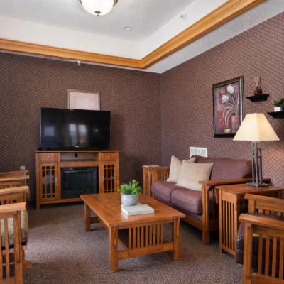 A cozy living room with brown patterned walls, a wooden coffee table, a purple sofa with beige and purple pillows, a wooden TV stand with a large flat-screen TV, a table lamp, and framed artwork on the wall.