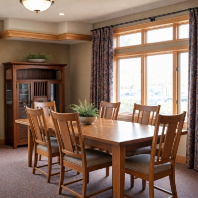 A dining room with a wooden table and six matching chairs, positioned near large windows with curtains, allowing natural light to fill the space. There is a wooden cabinet against the wall and a potted plant on the table.
