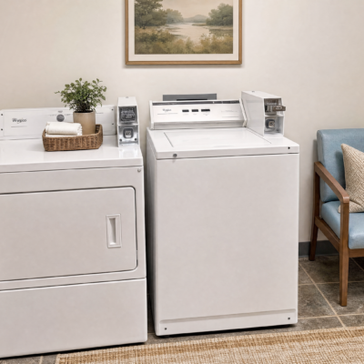 A laundry room with a white dryer on the left and a white washing machine on the right. The dryer has a small plant in a pot and a basket on top, and both machines have control panels. A framed landscape painting hangs above them. To the right, there is a light blue chair with wooden armrests and a beige cushion. The floor is tiled, and part of a beige rug is visible in the foreground.