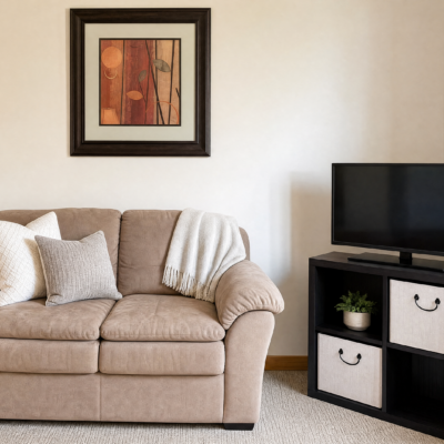 A beige sofa with two light-colored pillows and a white throw blanket, a framed abstract artwork on the wall, and a black TV stand with a flat-screen TV and a small potted plant.